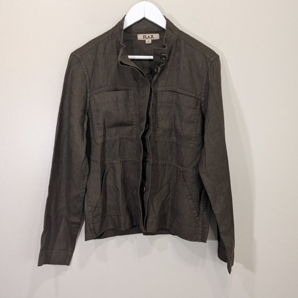 FLAX Linen Jacket Green Utility Boxy Gorpcore Minimalist Capsule Layer Size P